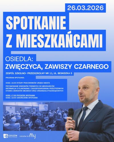 plakat informacyjny - spotkanie Perydenta Miasta Rzeszowa z miezkańcami osiedli